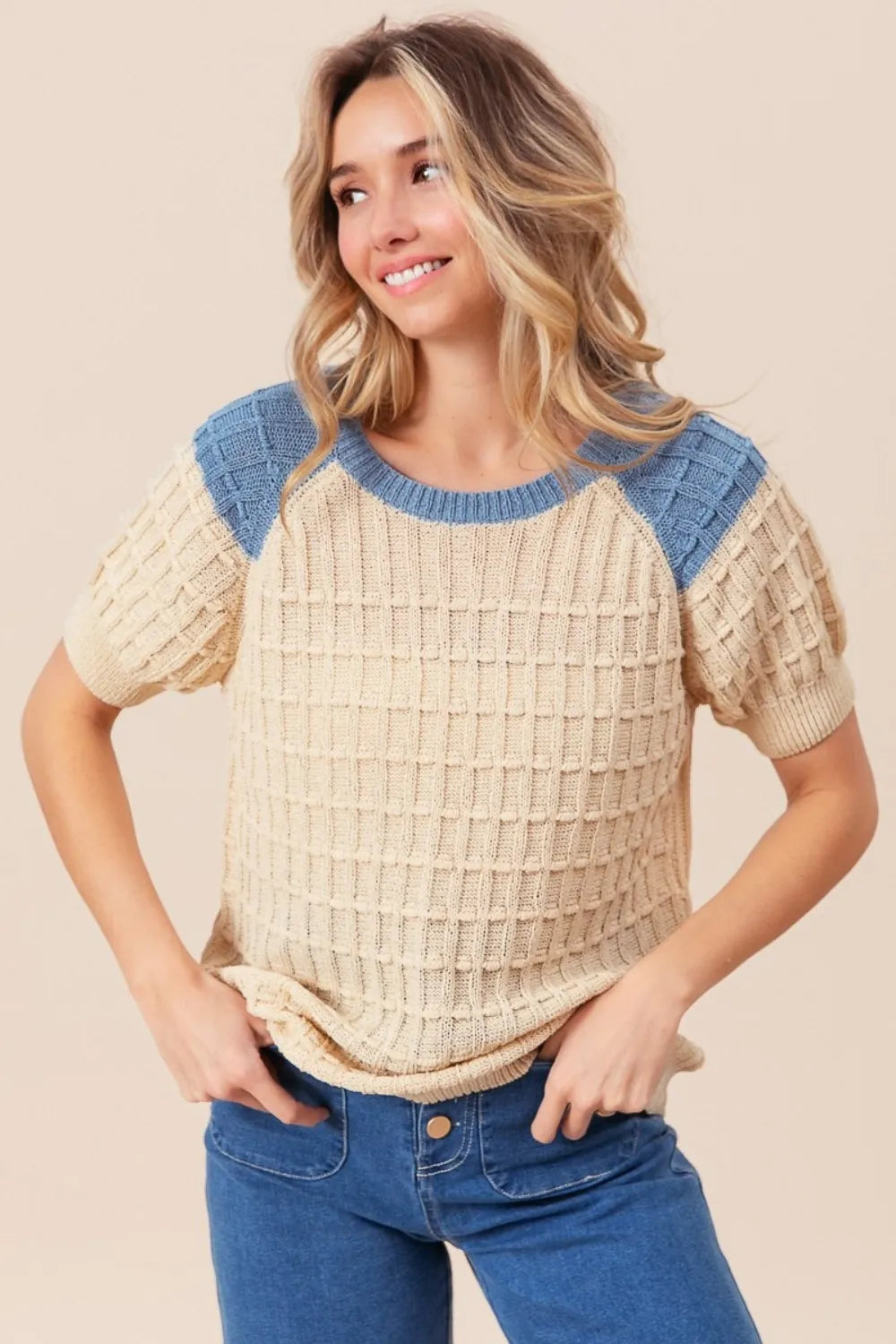Textured contrast short sleeve sweater in cream and blue with a relaxed fit and soft texture