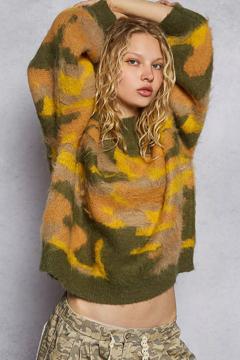 Trendsi abstract colorblock sweater women in soft olive and orange hues, perfect for casual styling