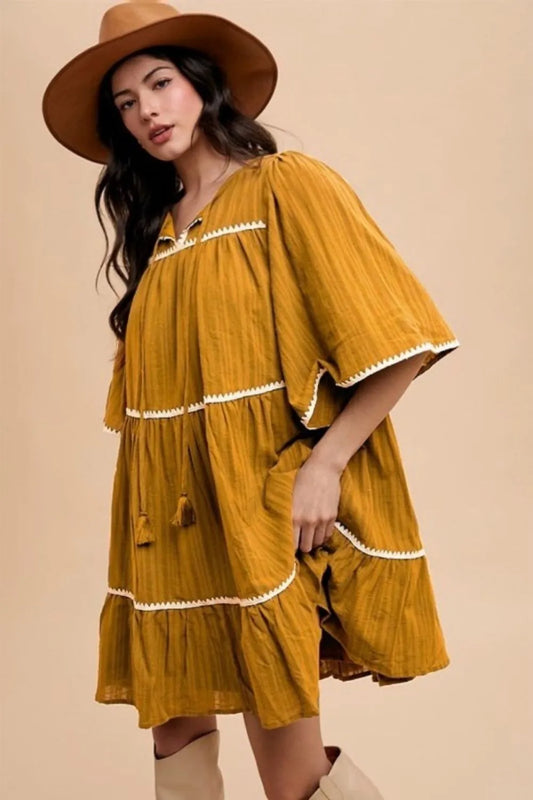 Annie Wear Tassel Contrast Trim Tie Neck Half Sleeve Tiered Dress-Soul Flow Apparel