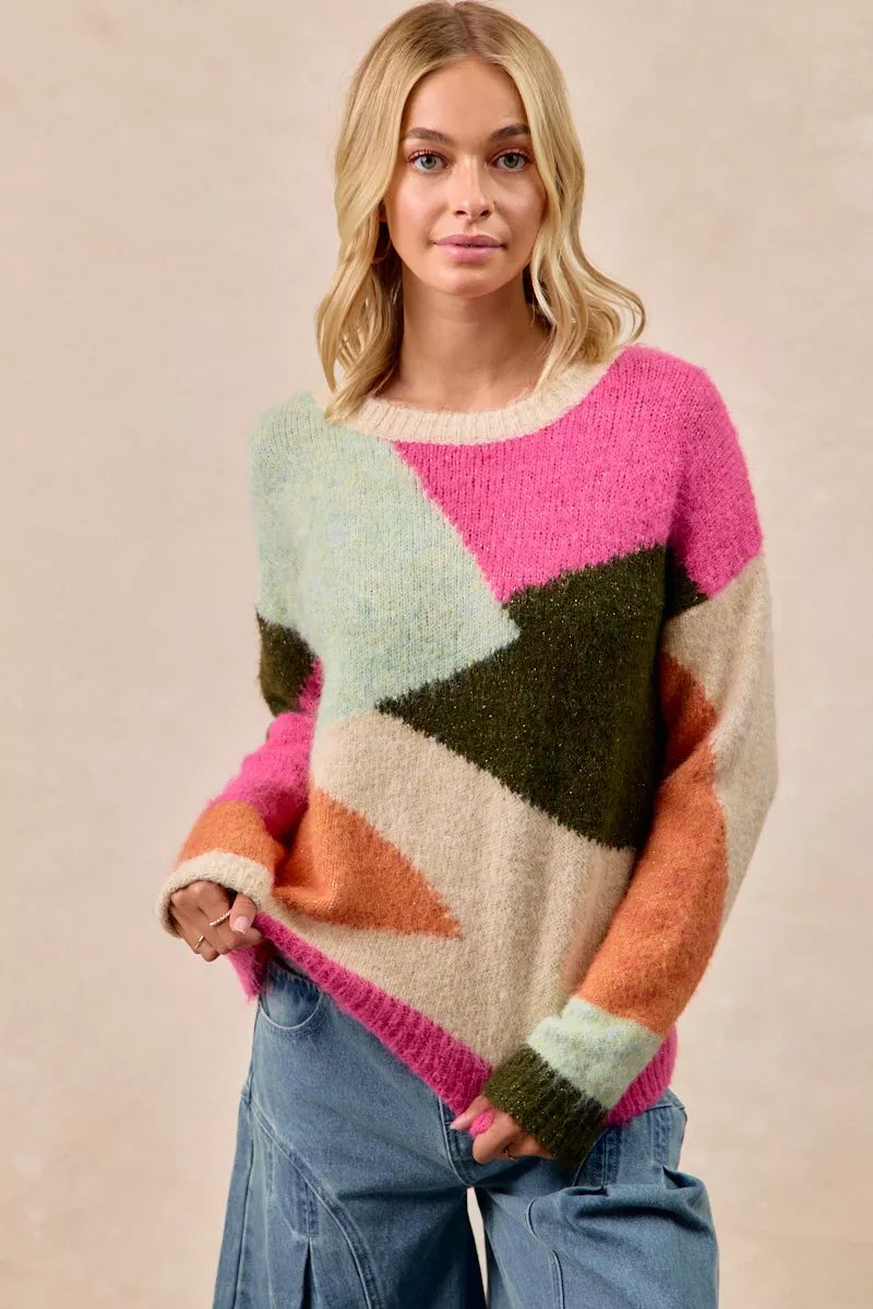 Trendsi boho color block sweater featuring vibrant geometric patterns in soft knit fabric