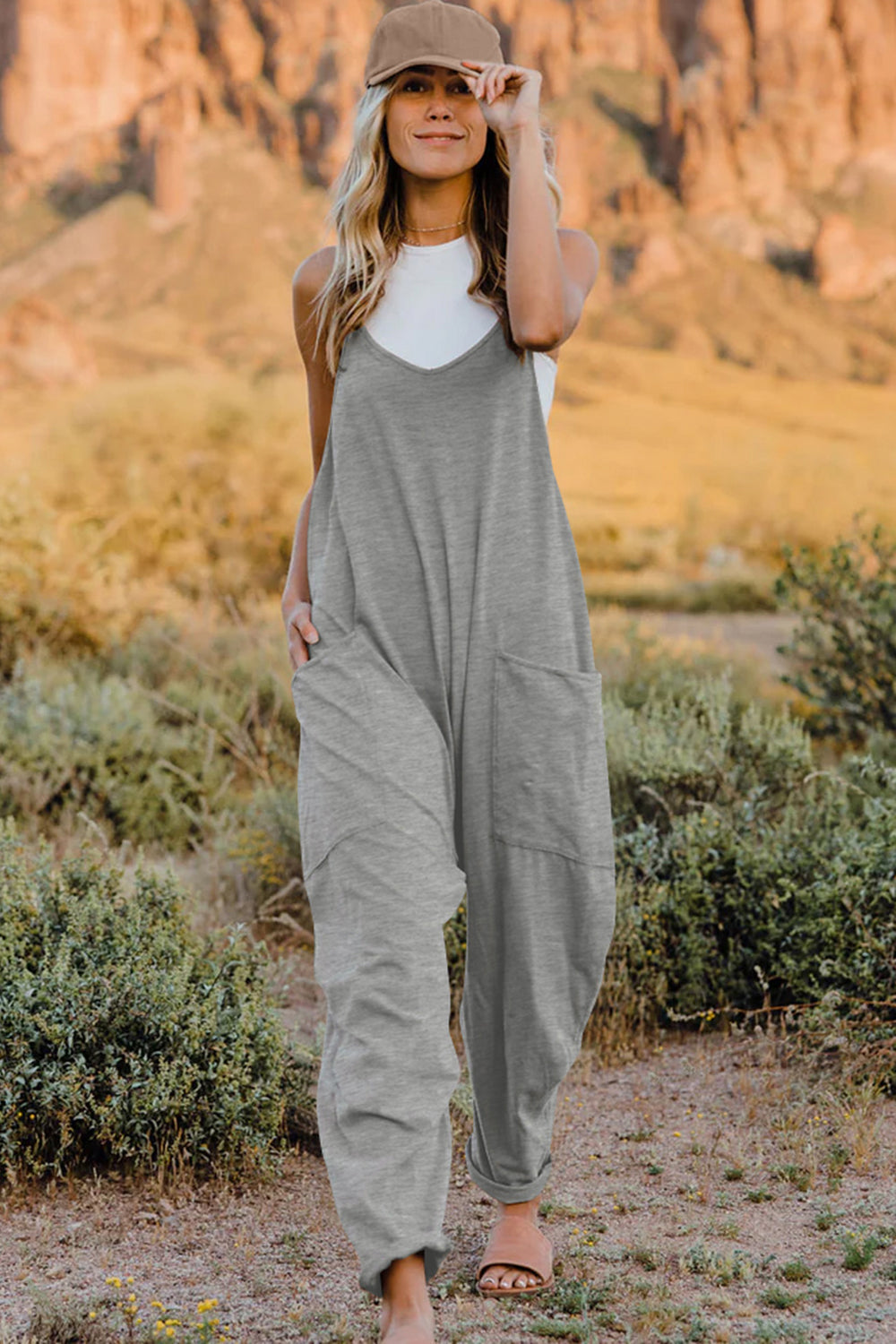 Double Take Full Size V-Neck Sleeveless Jumpsuit with Pockets-Soul Flow Apparel