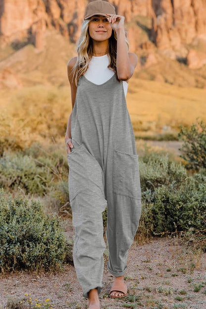 Trendsi boho v-neck sleeveless jumpsuit in grey with relaxed fit and side pockets for a stylish summer look