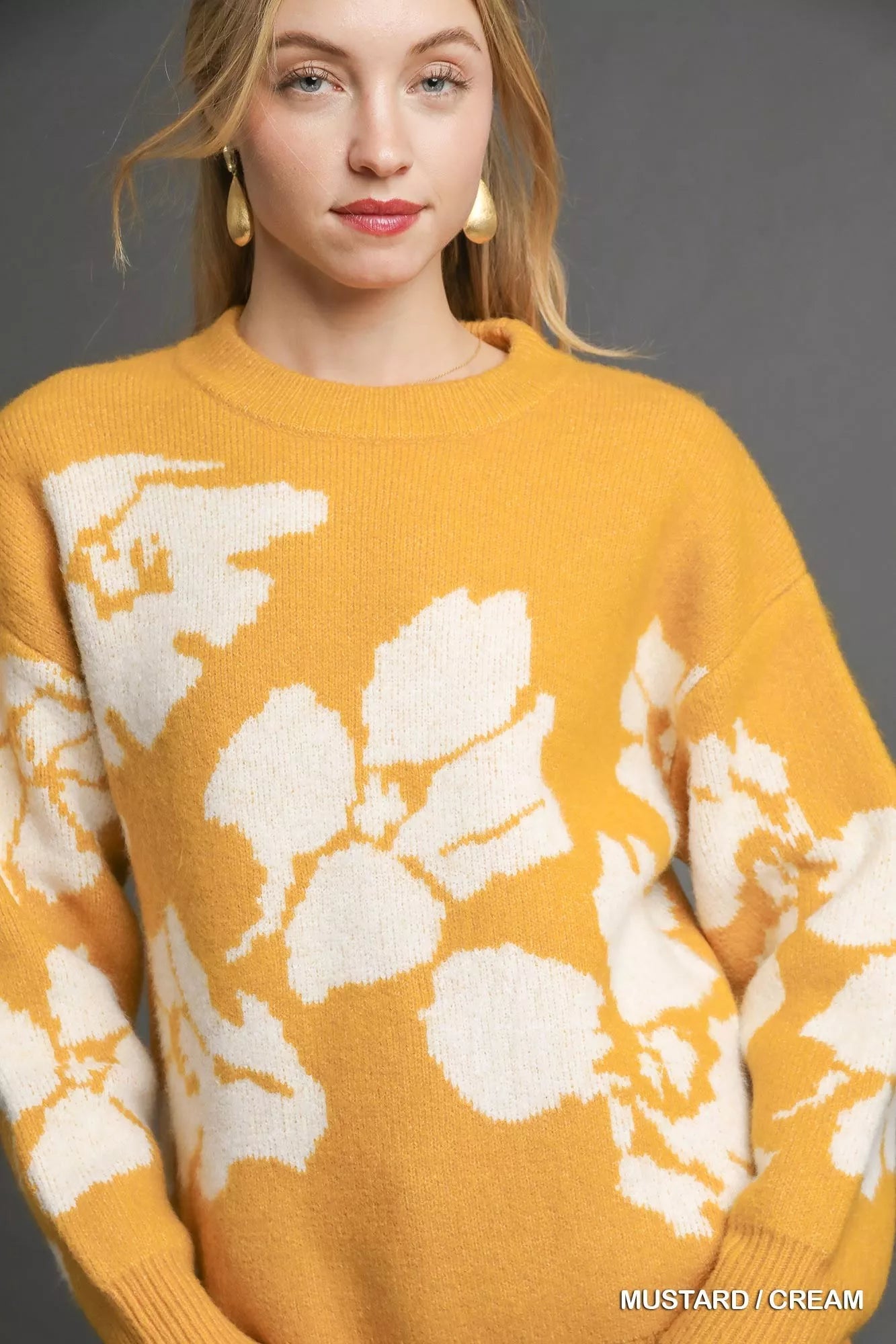 Umgee floral long sleeve sweater in mustard and cream with a stylish floral design