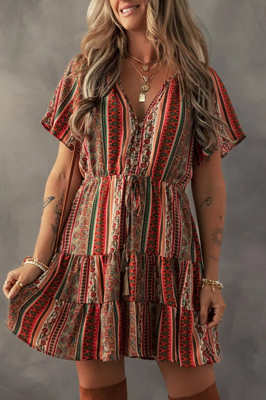 Bohemian Floral Print Buttoned V Neck Ruffle Tiered Dress-Soul Flow Apparel