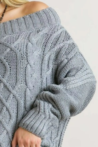 Trendsi off shoulder cable knit sweater in gray with a relaxed fit and textured design