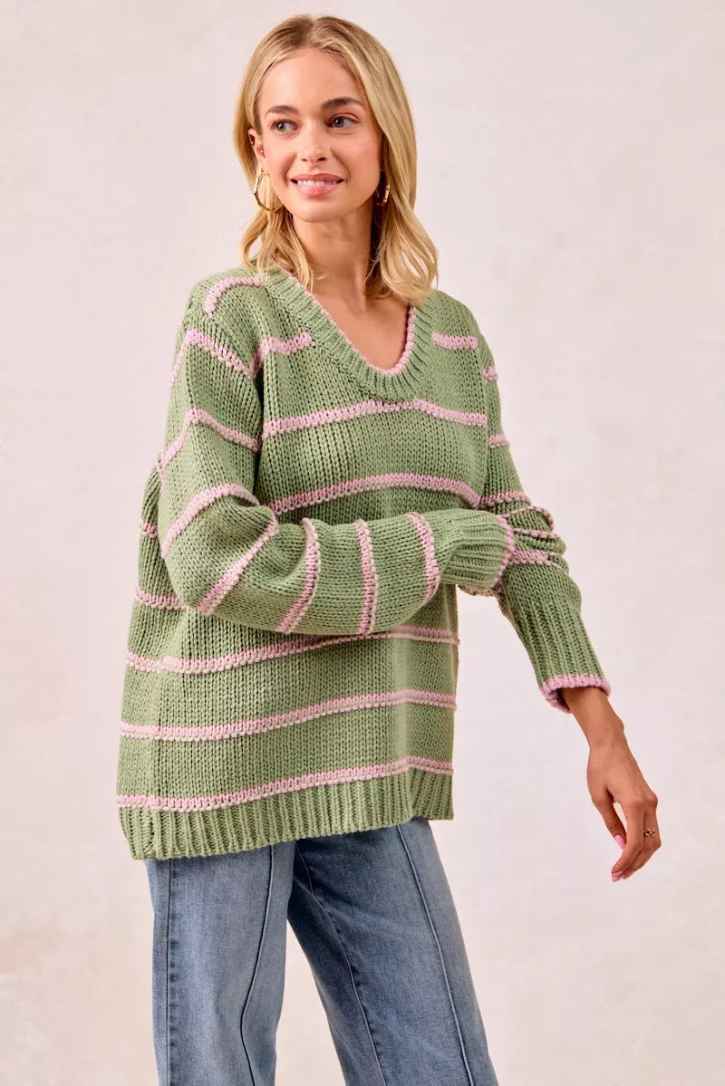 Trendsi boho striped long sleeve sweater in green with pink stripes for a casual stylish look