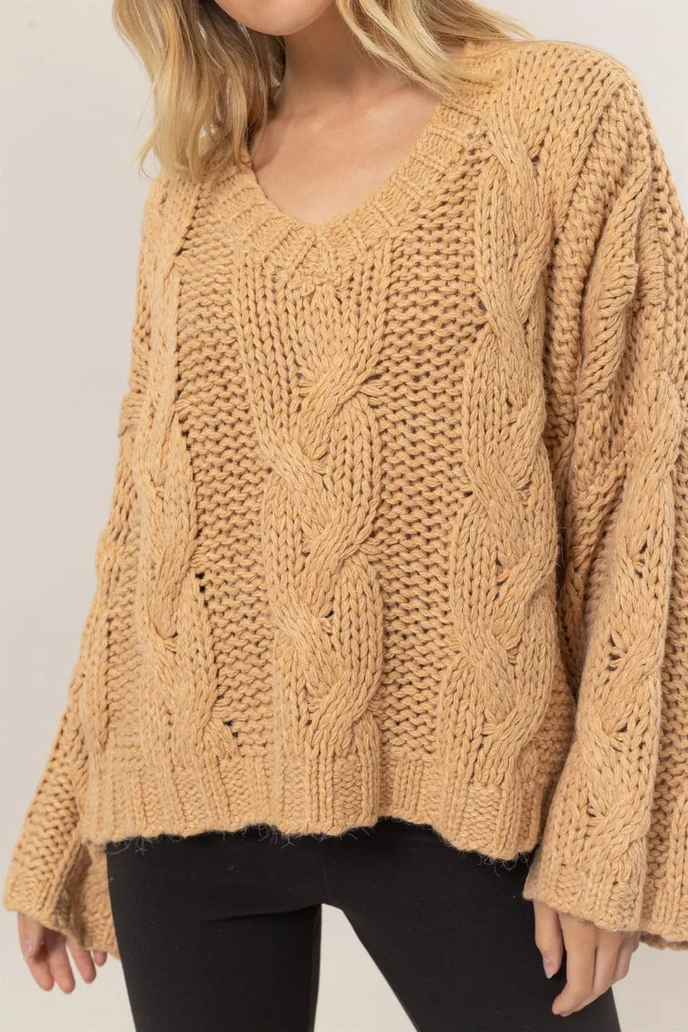 Trendsi boho cable knit sweater in tan with a relaxed fit and cozy texture for stylish layering