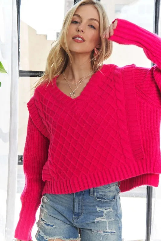 Trendsi boho ruffle detail sweater in bright pink with a stylish v-neck and cozy texture
