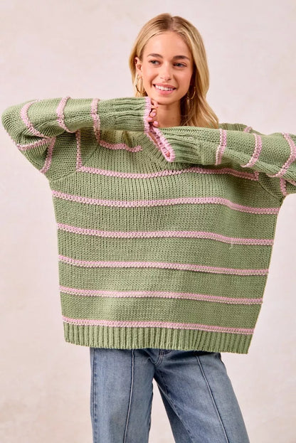 Trendsi boho striped long sleeve sweater in green and pink with oversized fit and cozy design