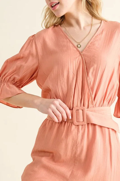 Trendsi boho flounce sleeve romper in soft peach color with a flattering belt and stylish design