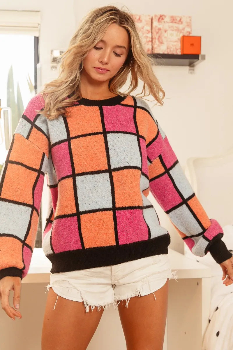 Trendsi multi color checker sweater in vibrant hues with a relaxed fit and long sleeves