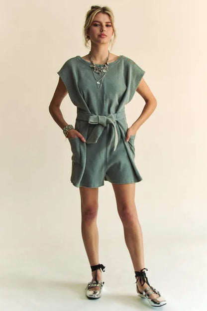 Trendsi acid washed waffle knit romper with pockets and a belted waist for a stylish summer look