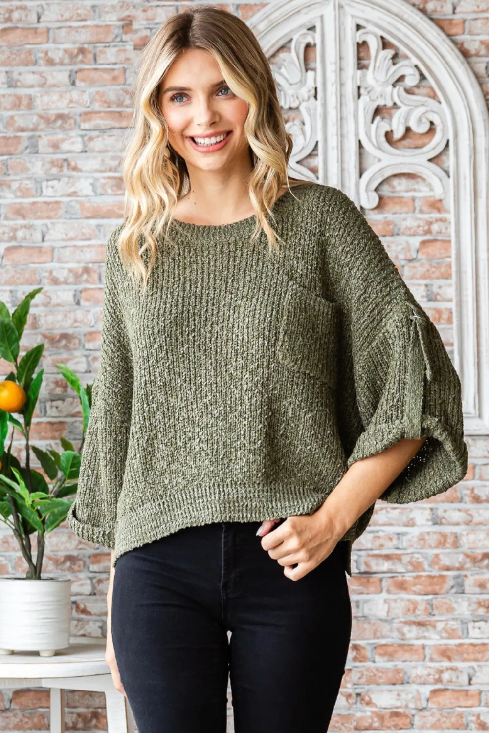 Trendsi Boho Round Neck Sweater in Olive Green with Bell Sleeves and Front Pocket