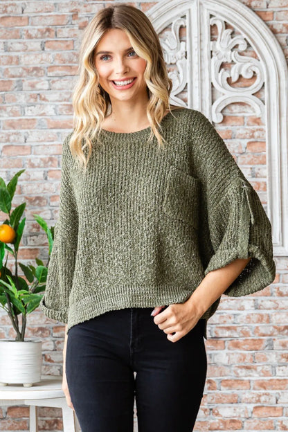 Trendsi Boho Round Neck Sweater in Olive Green with Bell Sleeves and Front Pocket
