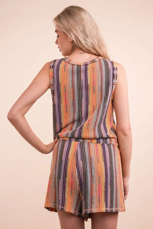 VERY J Crochet Multi Color Striped Casual Summer Romper-Soul Flow Apparel