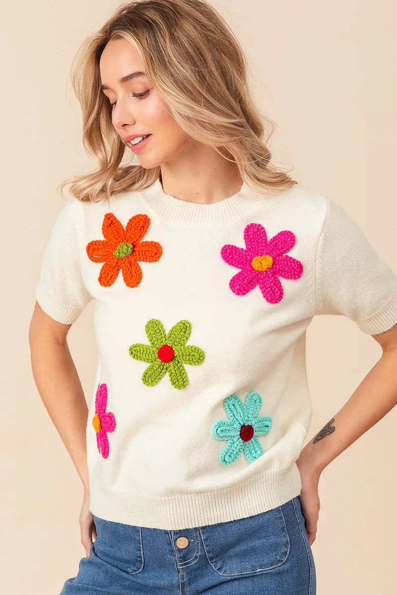 Trendsi crochet flower sweater top in cream with colorful floral designs for a cheerful look