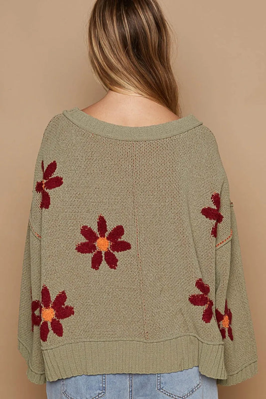 Boho floral chenille sweater in olive green with vibrant flower patterns for a cozy, stylish look