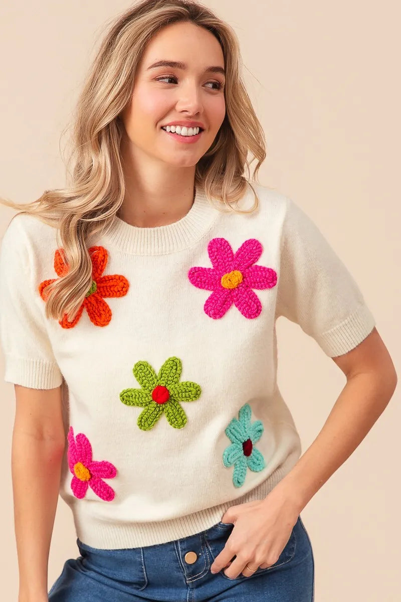 Trendsi crochet flower sweater top with colorful floral patterns for a stylish and vibrant look