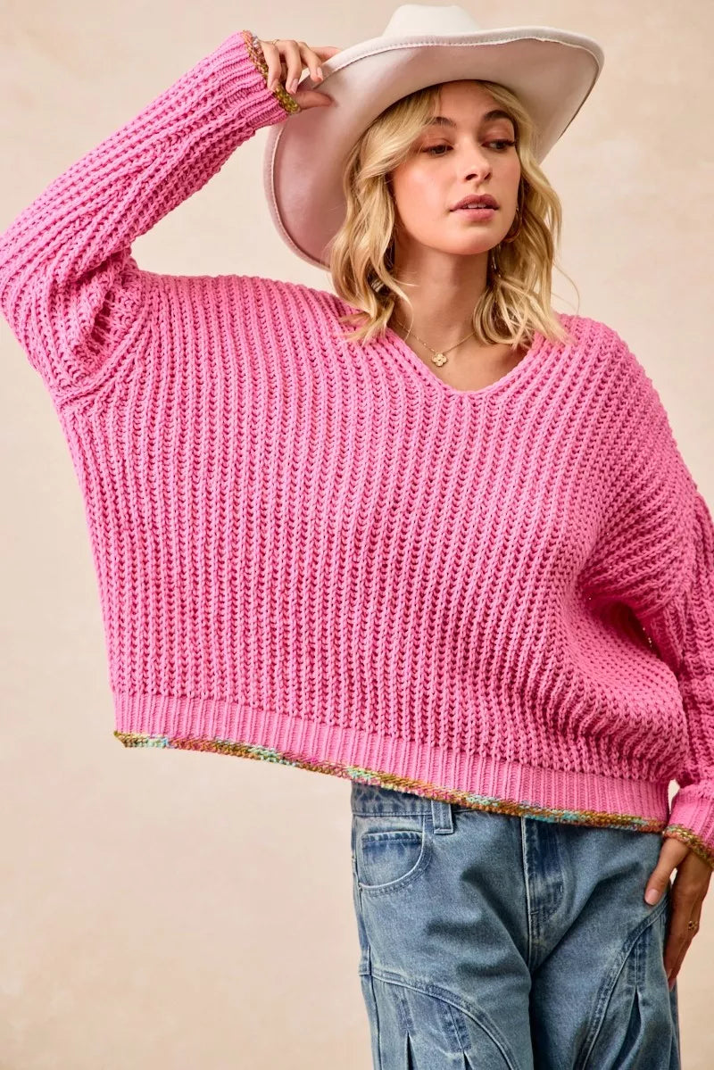 Trendsi Boho V-Neck Sweater Women in Pink with a Relaxed Fit and Colorful Trim