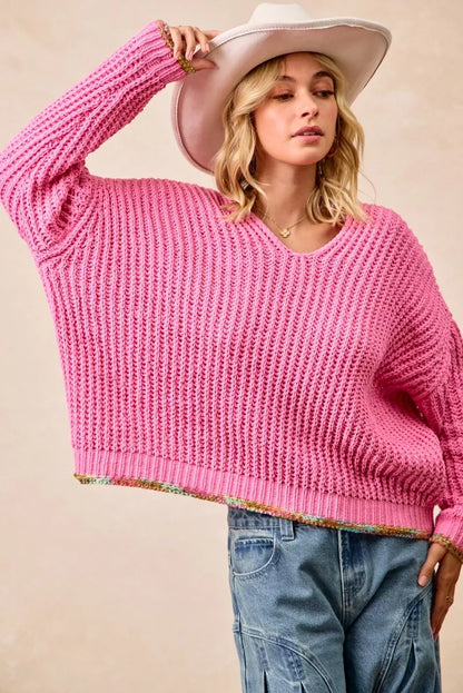 Trendsi Boho V-Neck Sweater Women in Pink with a Relaxed Fit and Colorful Trim