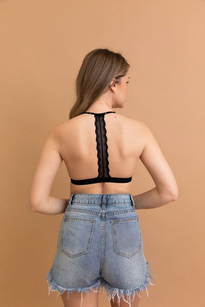 Black lace t-back bralette from Leto Collection with scalloped detailing and back view