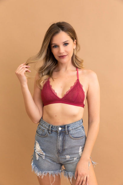 Leto Collection Lace T-Back Bralette in burgundy worn with denim shorts for a stylish look