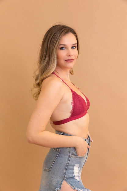Leto Collection Lace T-Back Bralette in Burgundy with delicate lace detail and adjustable straps