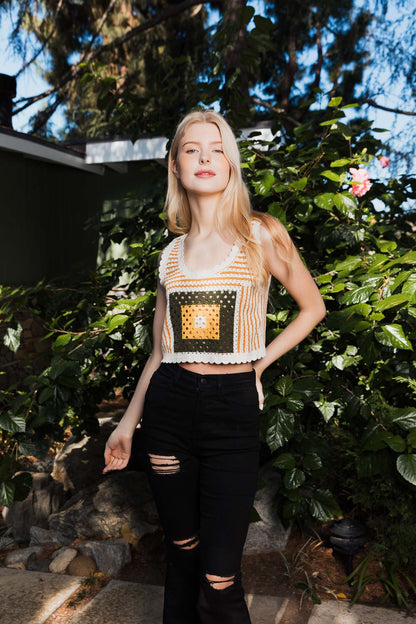 Leto Collection Bohemian Crochet Top with Colorful Square Patterns for Stylish Summer Fashion