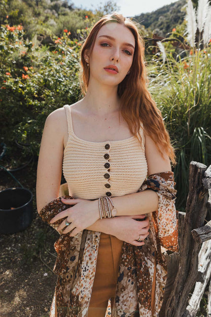 Leto Collection boho button down knit brami top in cream with elegant button details and a stylish shawl