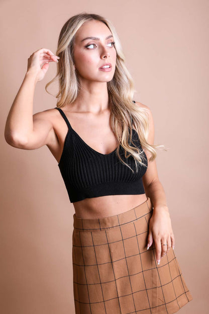 Leto Collection Rib Knit Brami Top in Black, featuring a flattering cropped design and adjustable straps