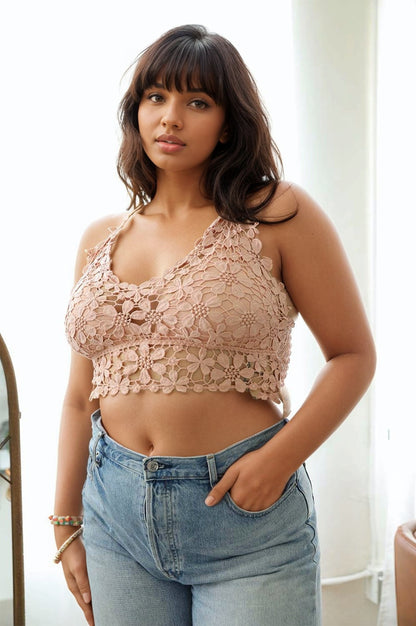Plus size crochet bralette from Leto Collection with floral lace design and adjustable straps