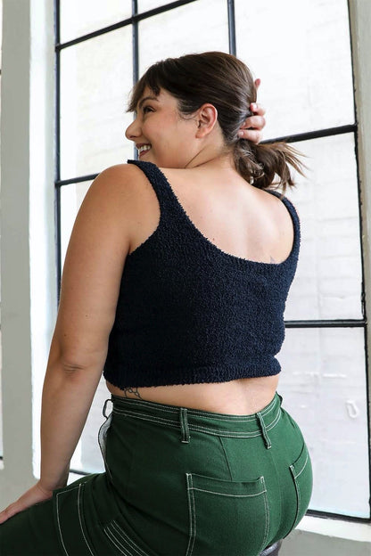 Plus size boucle brami in black, featuring a soft and cozy design, perfect for layering or casual wear