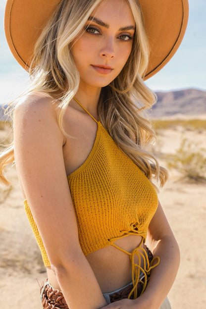 Leto Collection lace-up halter knit bralette in mustard yellow for a stylish summer look