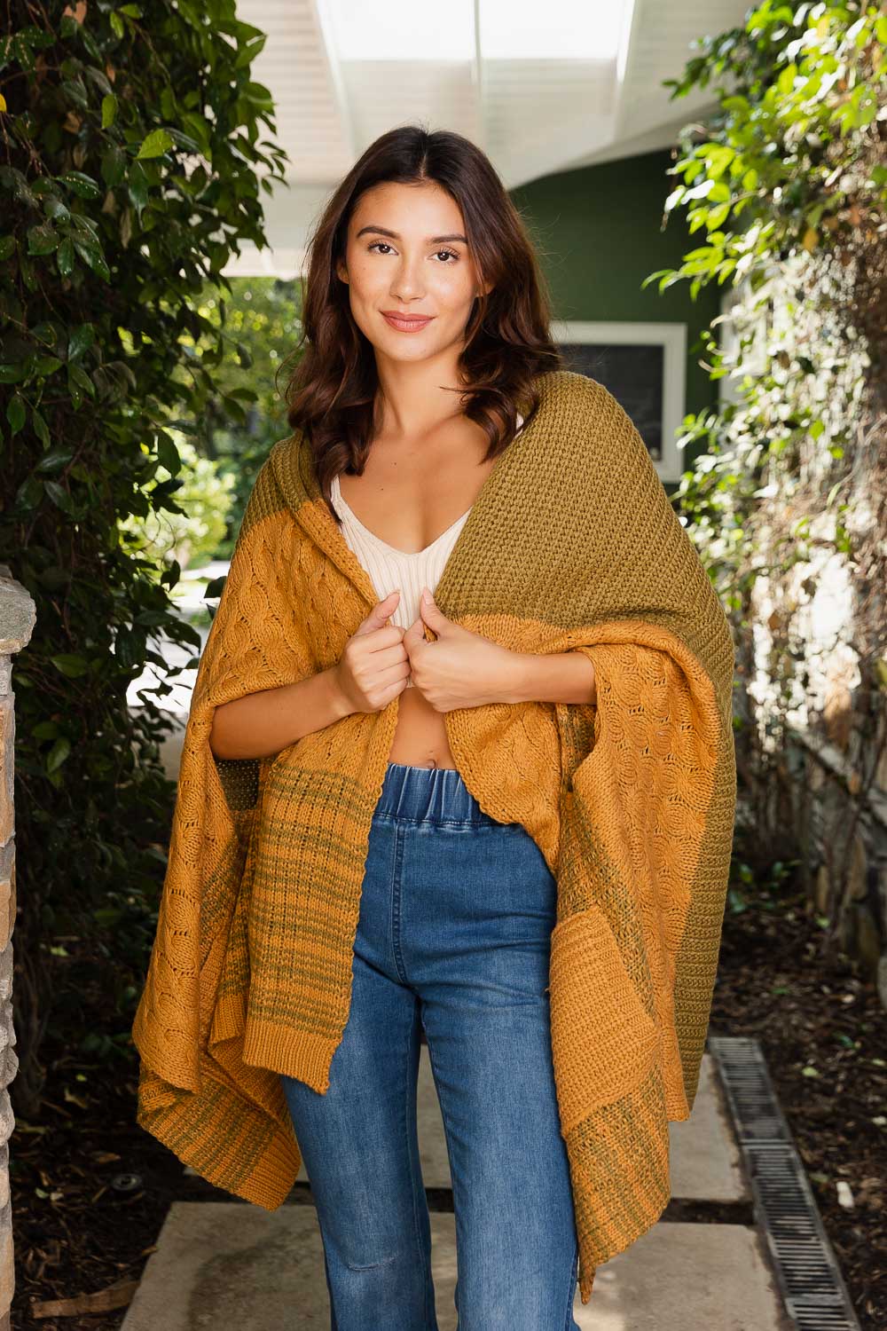 Dual-Toned Striped Wrap with Arm Openings-Soul Flow Apparel
