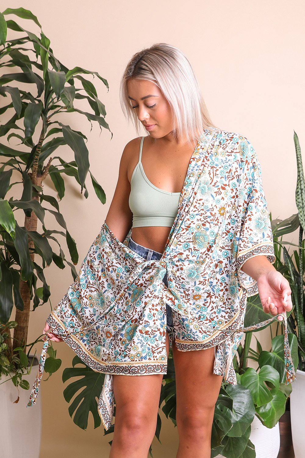 Floral Front Tie Kimono Wrap-Soul Flow Apparel