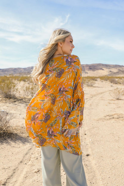Tropical Leaves Draped Sleeve Kimono-Soul Flow Apparel
