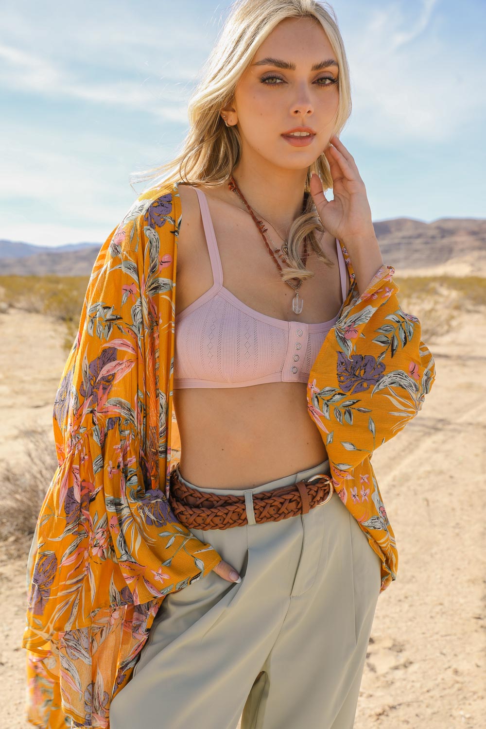 Tropical Leaves Draped Sleeve Kimono-Soul Flow Apparel