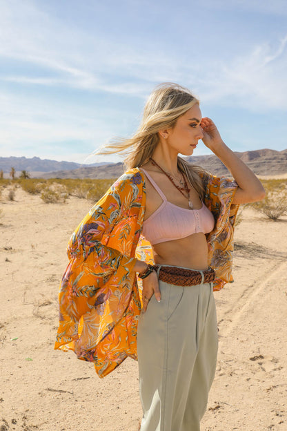 Tropical Leaves Draped Sleeve Kimono-Soul Flow Apparel