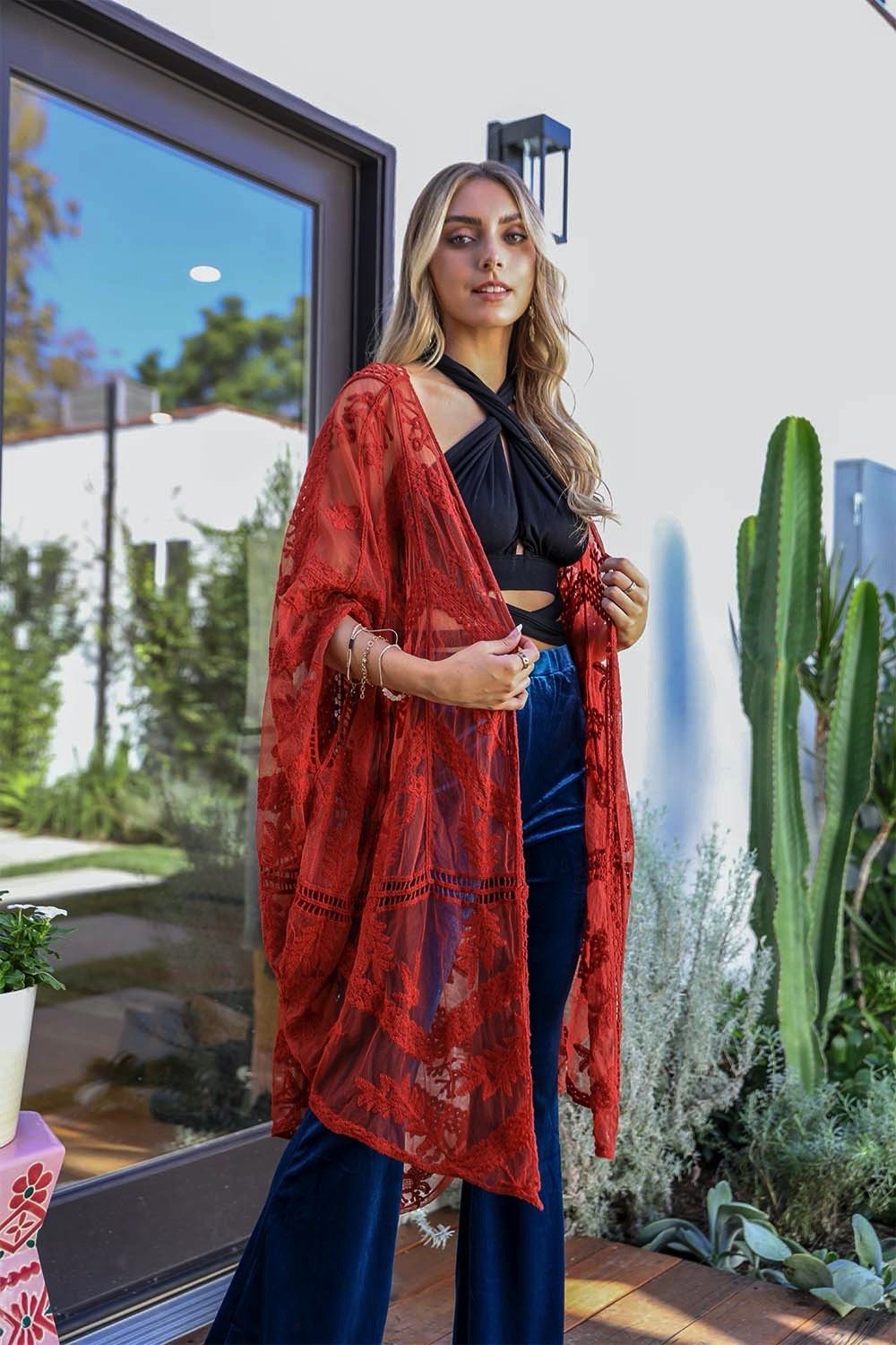 Embroidered Mesh Leaf Kimono-Soul Flow Apparel