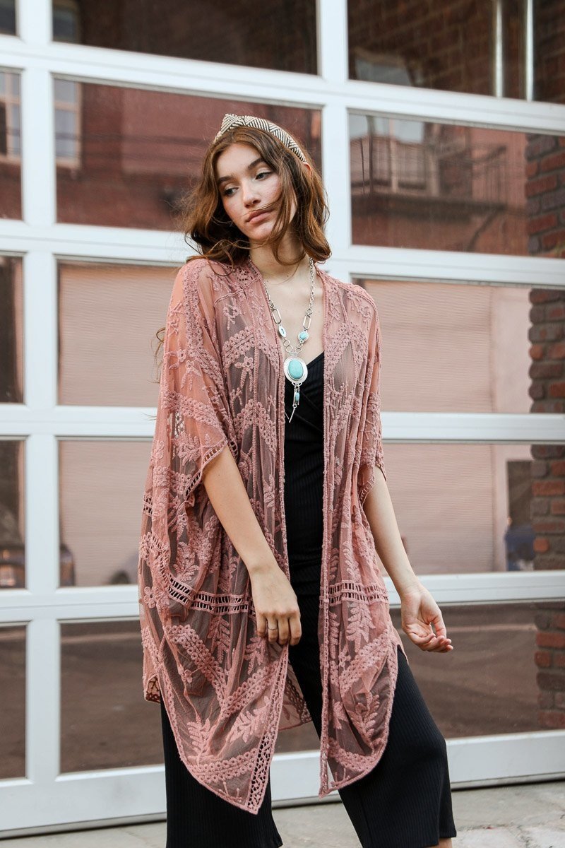 Embroidered Mesh Leaf Kimono-Soul Flow Apparel
