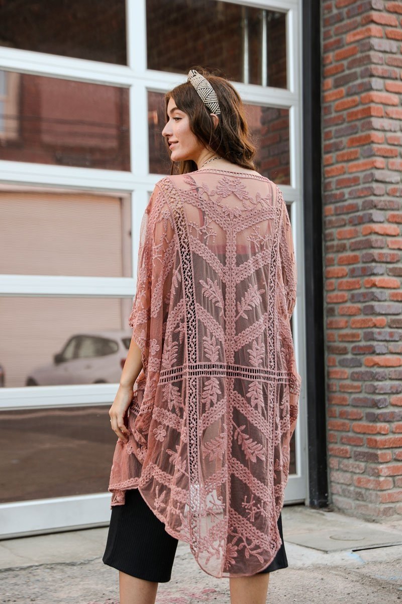 Embroidered Mesh Leaf Kimono-Soul Flow Apparel