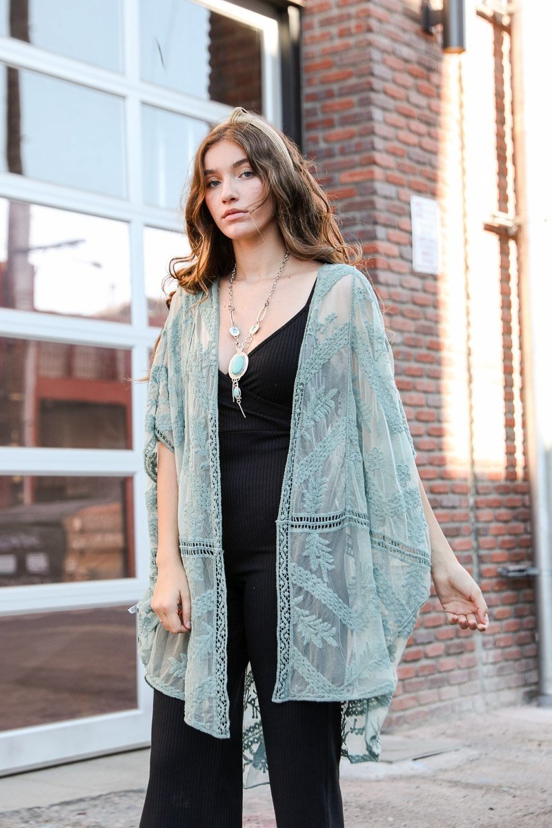 Embroidered Mesh Leaf Kimono-Soul Flow Apparel