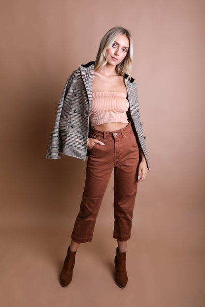 Leto Collection Boho Bandeau Top in Peach with Ribbed Texture, Paired with Stylish Brown Pants