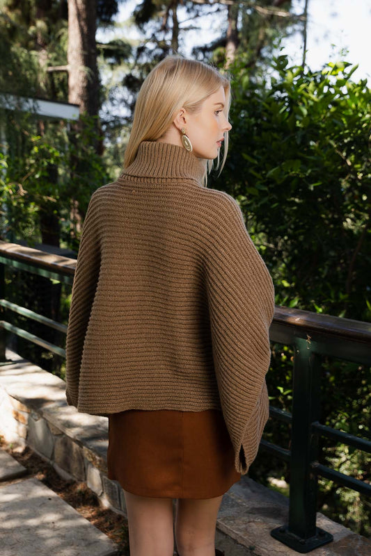 SnugStyle Turtleneck Ribbed Knit Poncho with Armholes-Soul Flow Apparel