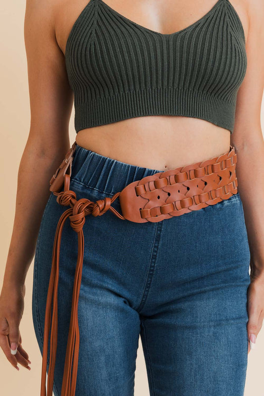 Wide Woven Leather Waist Tie Up Belt-Soul Flow Apparel