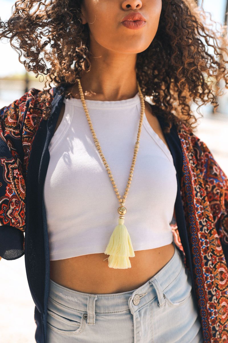 Leto Collection gold beaded necklace with yellow tassel worn with white crop top Boho Necklace, Boho Chic Jewelry, Spiritual
