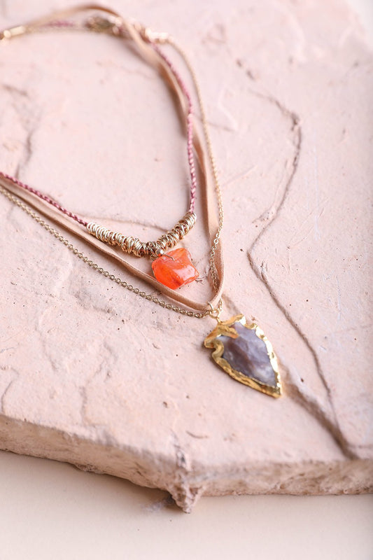 Layered gold and pink cord necklace with orange raw stone and arrowhead pendant Boho Necklace, Boho Chic Jewelry, Spiritual