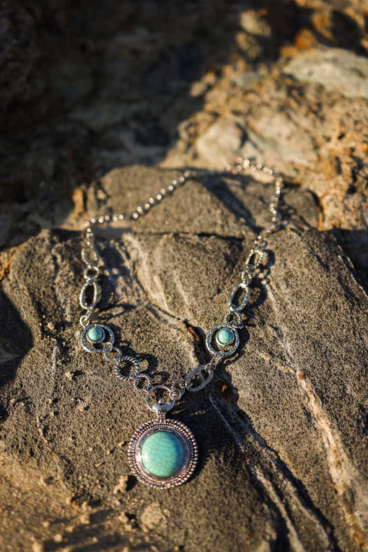 Leto Collection turquoise pendant with ornate silver filigree chain on rock Boho Necklace, Boho Chic Jewelry, Spiritual