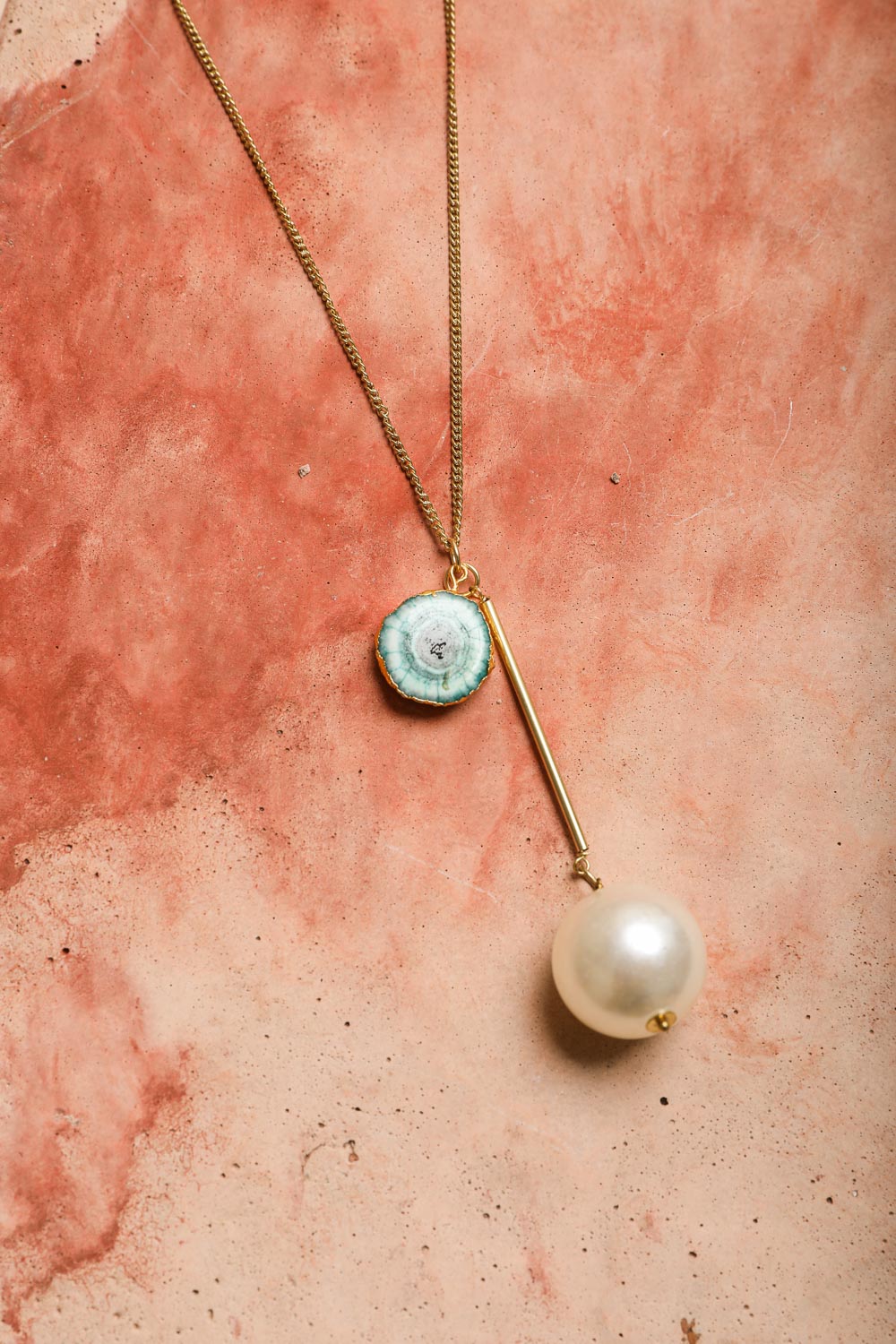 Leto Collection Boho Necklace, Boho Chic Jewelry, Spiritual gold chain with green druzy slice and dangling pearl pendant