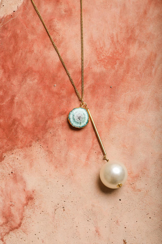 Leto Collection Boho Necklace, Boho Chic Jewelry, Spiritual gold chain with green druzy slice and dangling pearl pendant